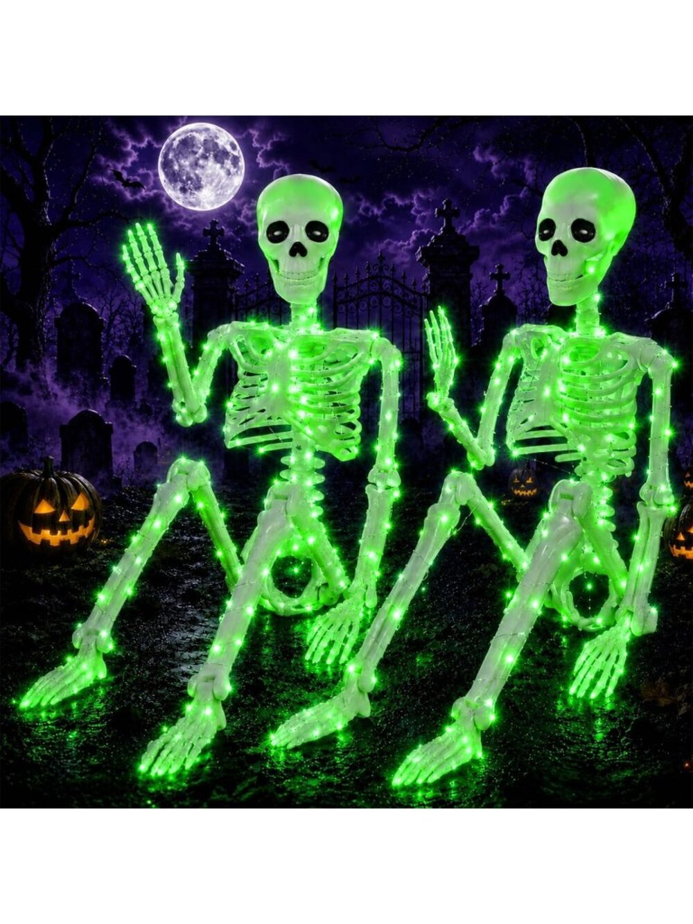 36" Halloween Skeleton 2 Pack with Eyes (White Light Green) Outdoor Decor